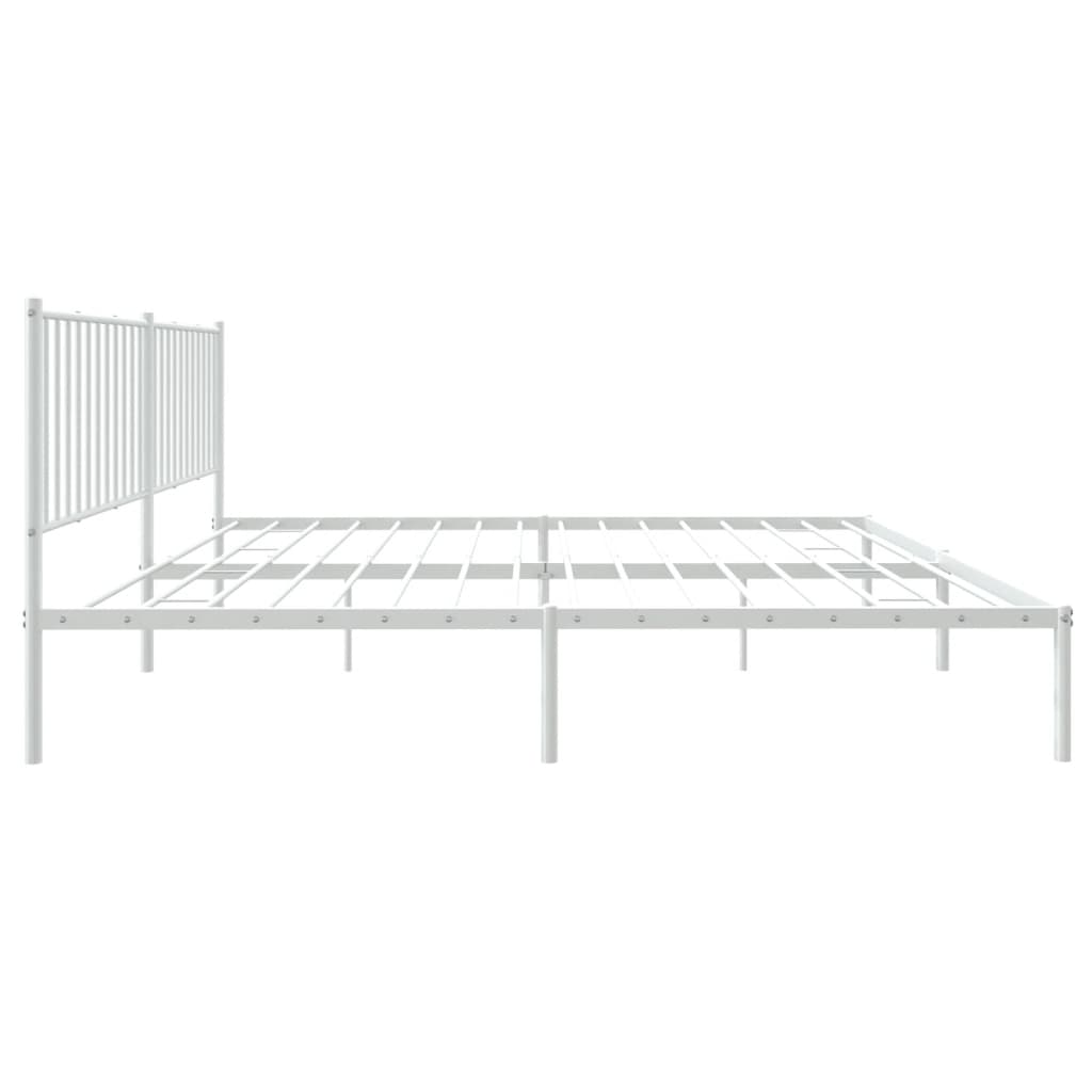 Modern white metal bed frame with slatted headboard and neutral bedding