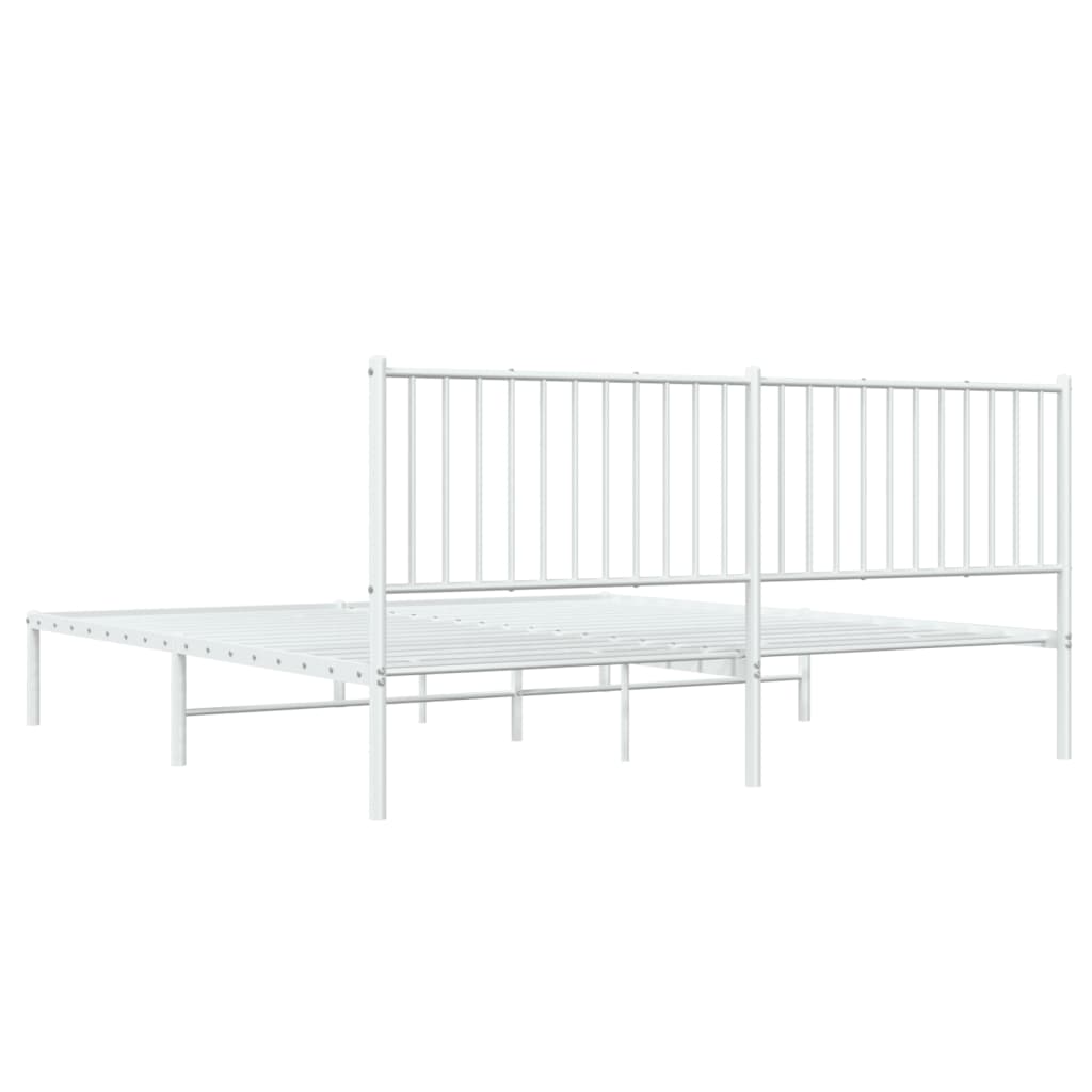 Modern white metal bed frame with a slatted headboard and mattress