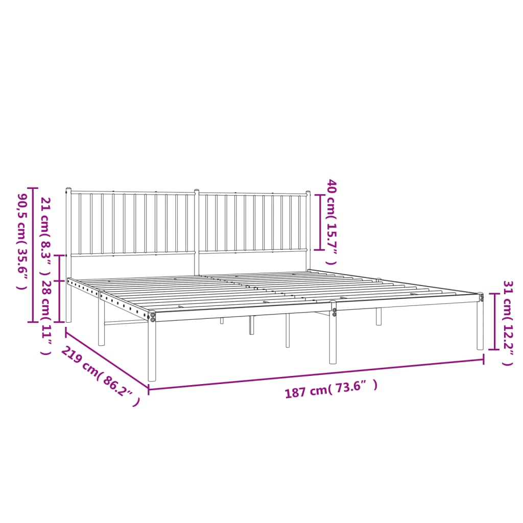 White metal platform bed frame with slatted headboard