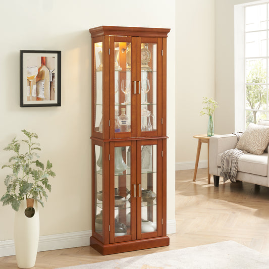 TREATLIFE HOME Lighted Curio Display Cabinet with Adjustable Shelves, Tempered Glass Doors and Mirrored Back Panel, Walnut Finish
