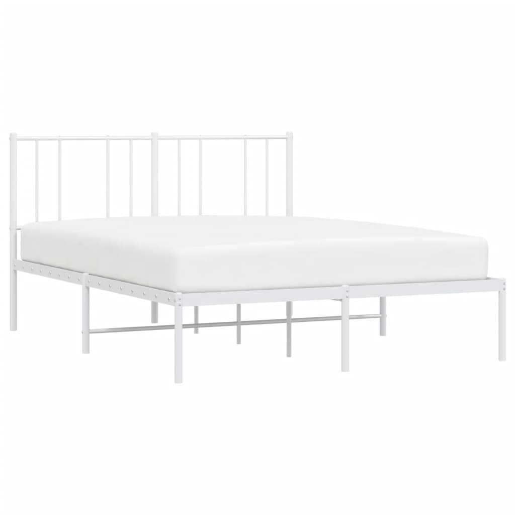 White metal platform bed frame with a simple slatted headboard