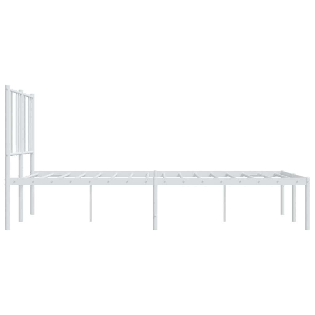 White metal bed frame with minimalist headboard and mattress support slats