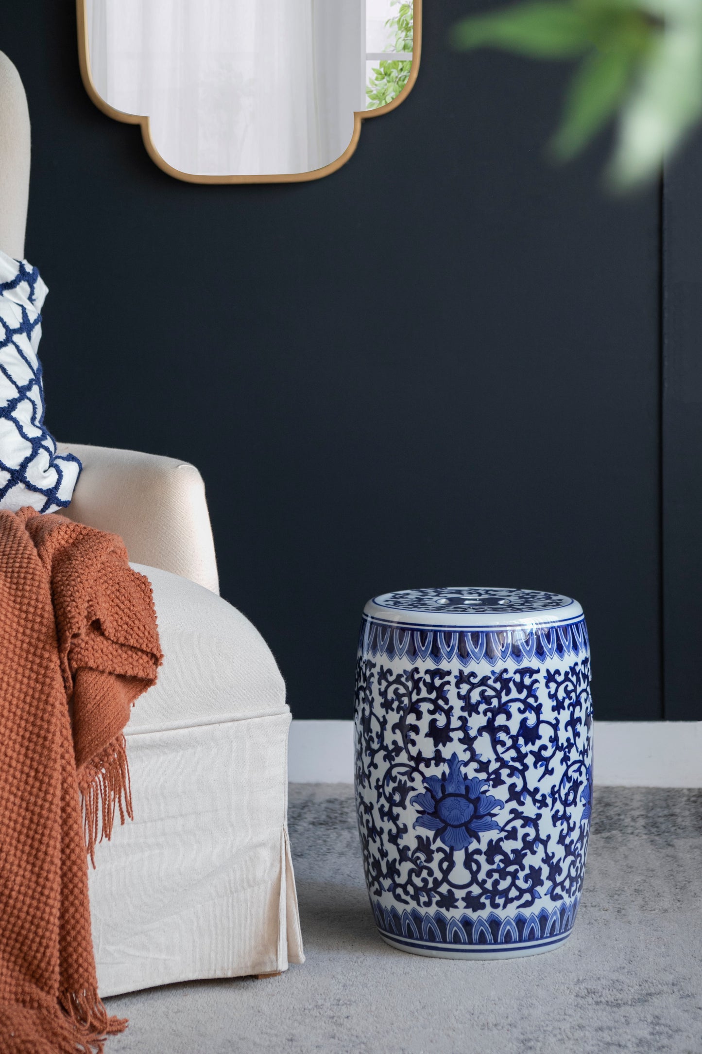 Blue and white floral ceramic garden stool