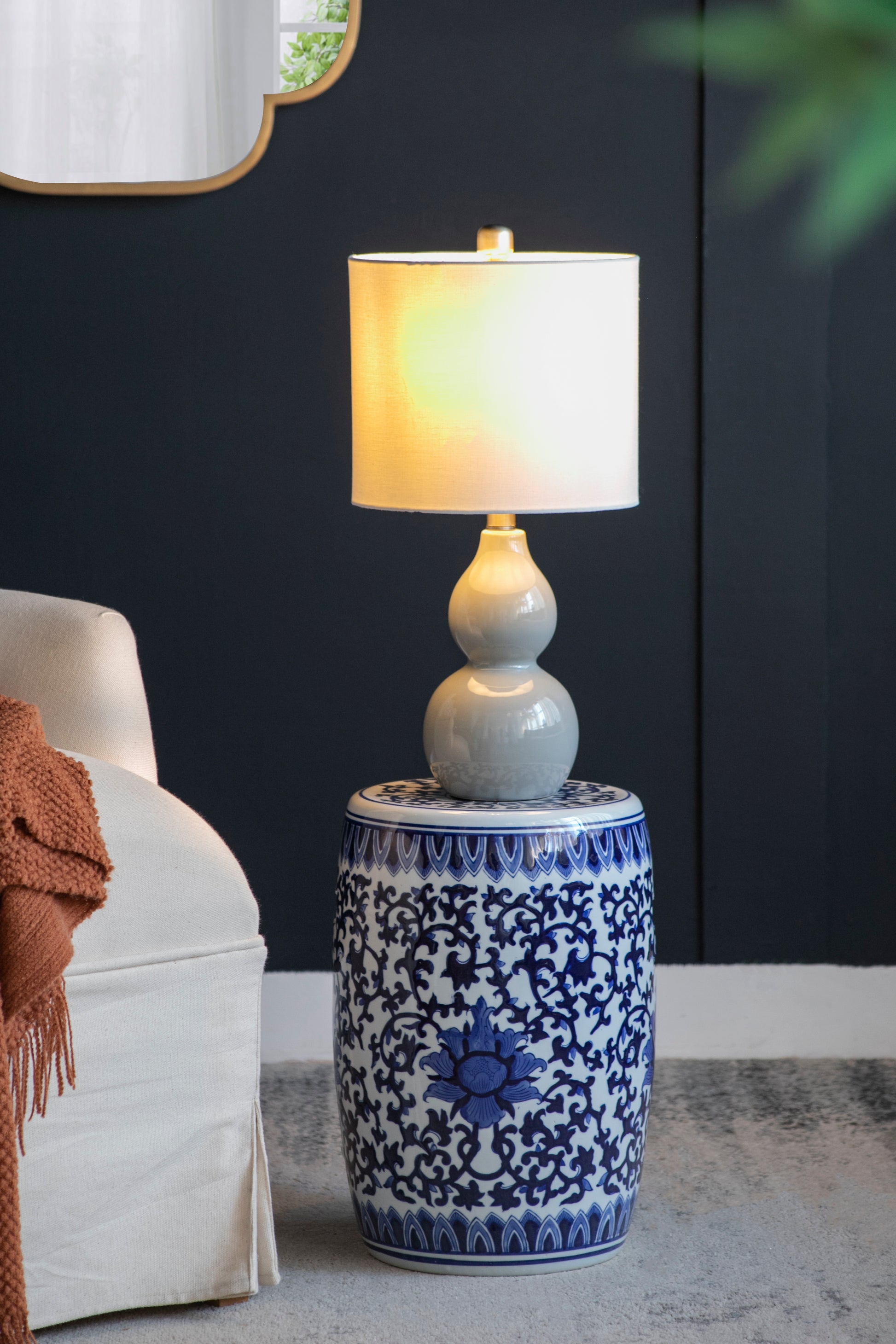 Blue and white ceramic garden stool side table with intricate floral pattern