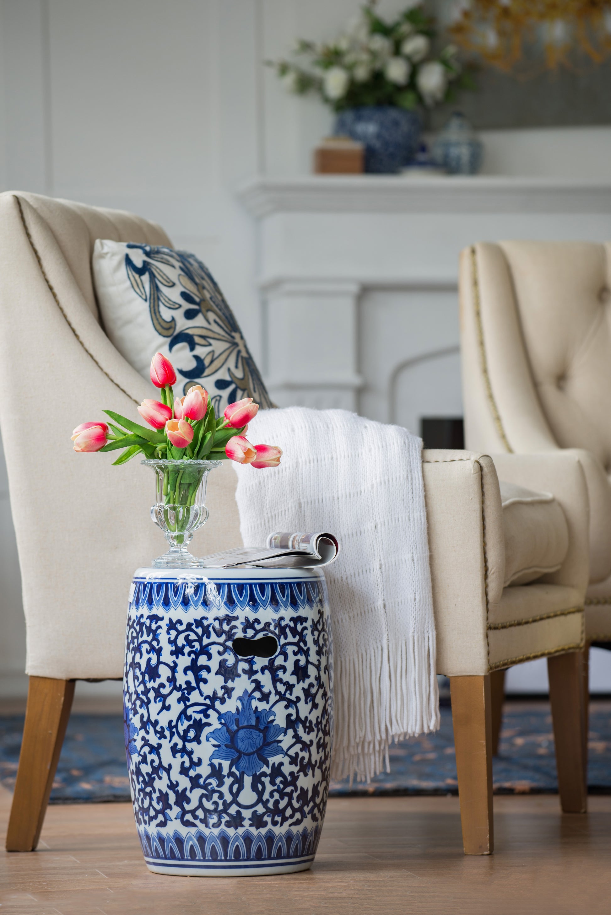 Blue and white porcelain garden stool with intricate floral pattern