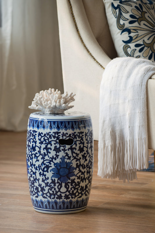 Blue and white ceramic garden stool with floral motif