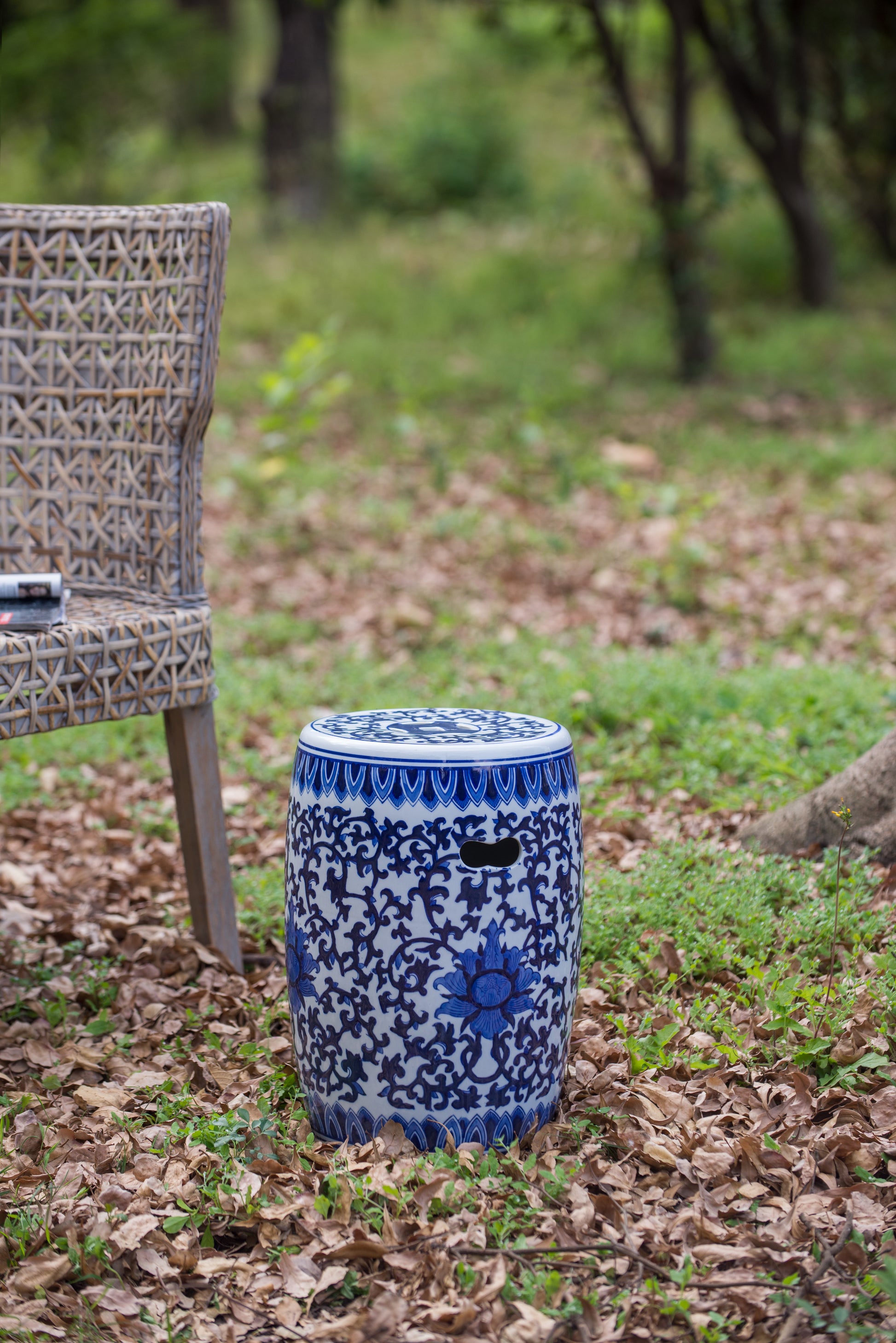 Blue and white floral ceramic garden stool