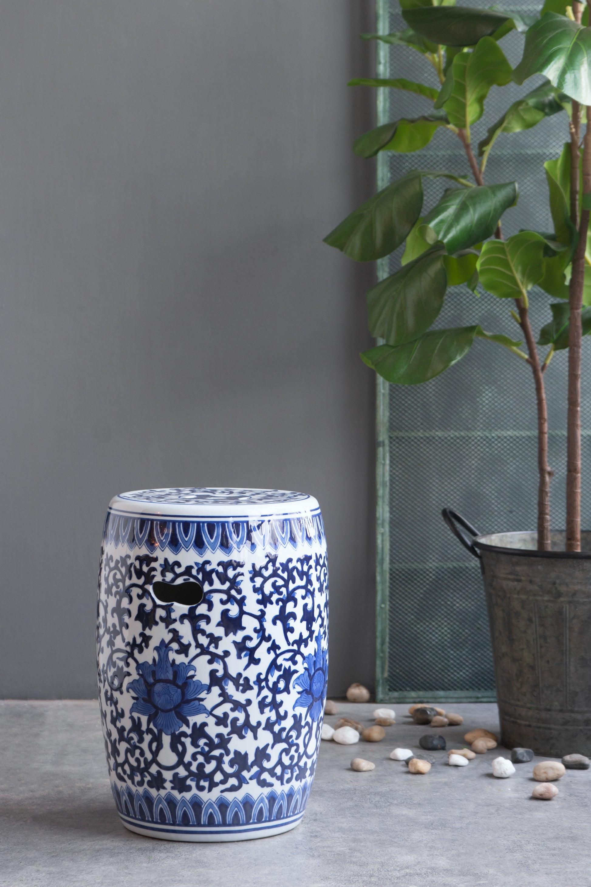 Blue and white floral ceramic garden stool