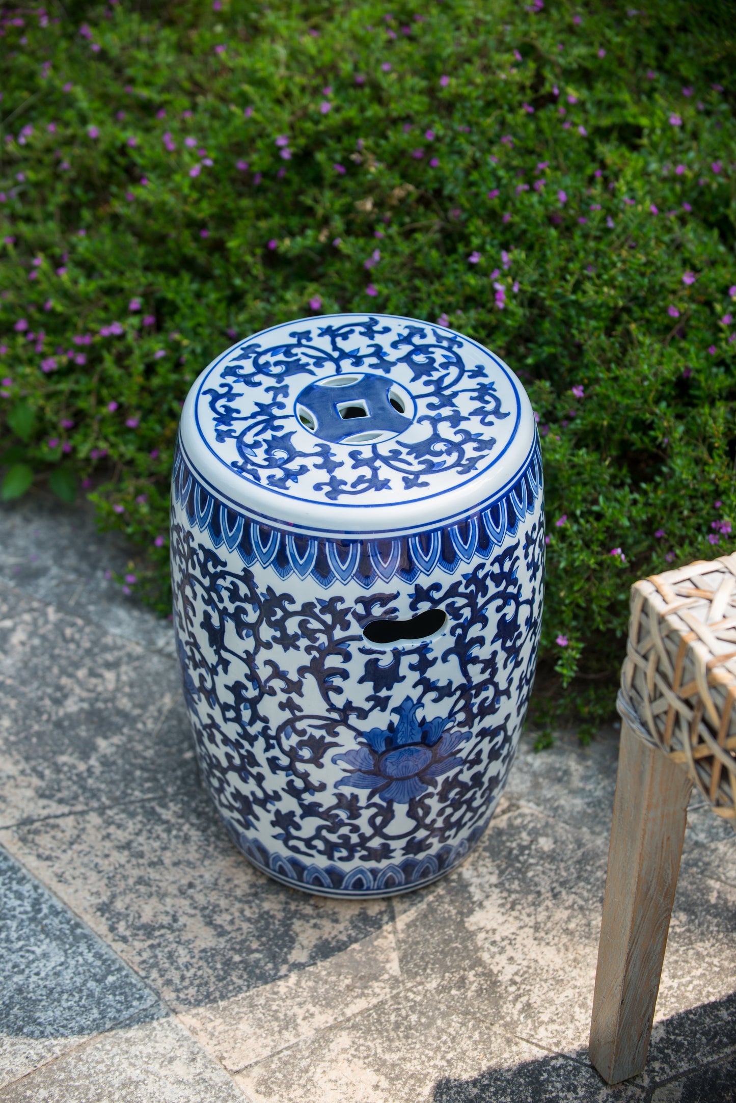 Blue and white porcelain garden stool with floral motif