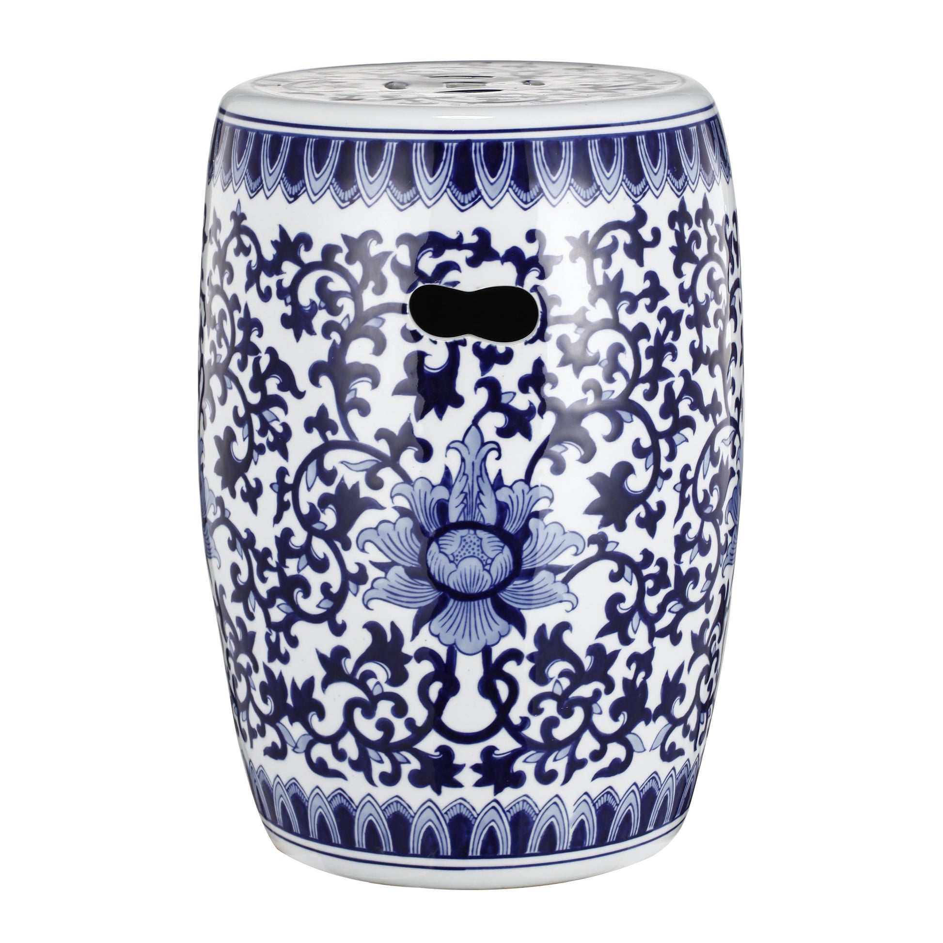 Blue and white ceramic garden stool with floral motif