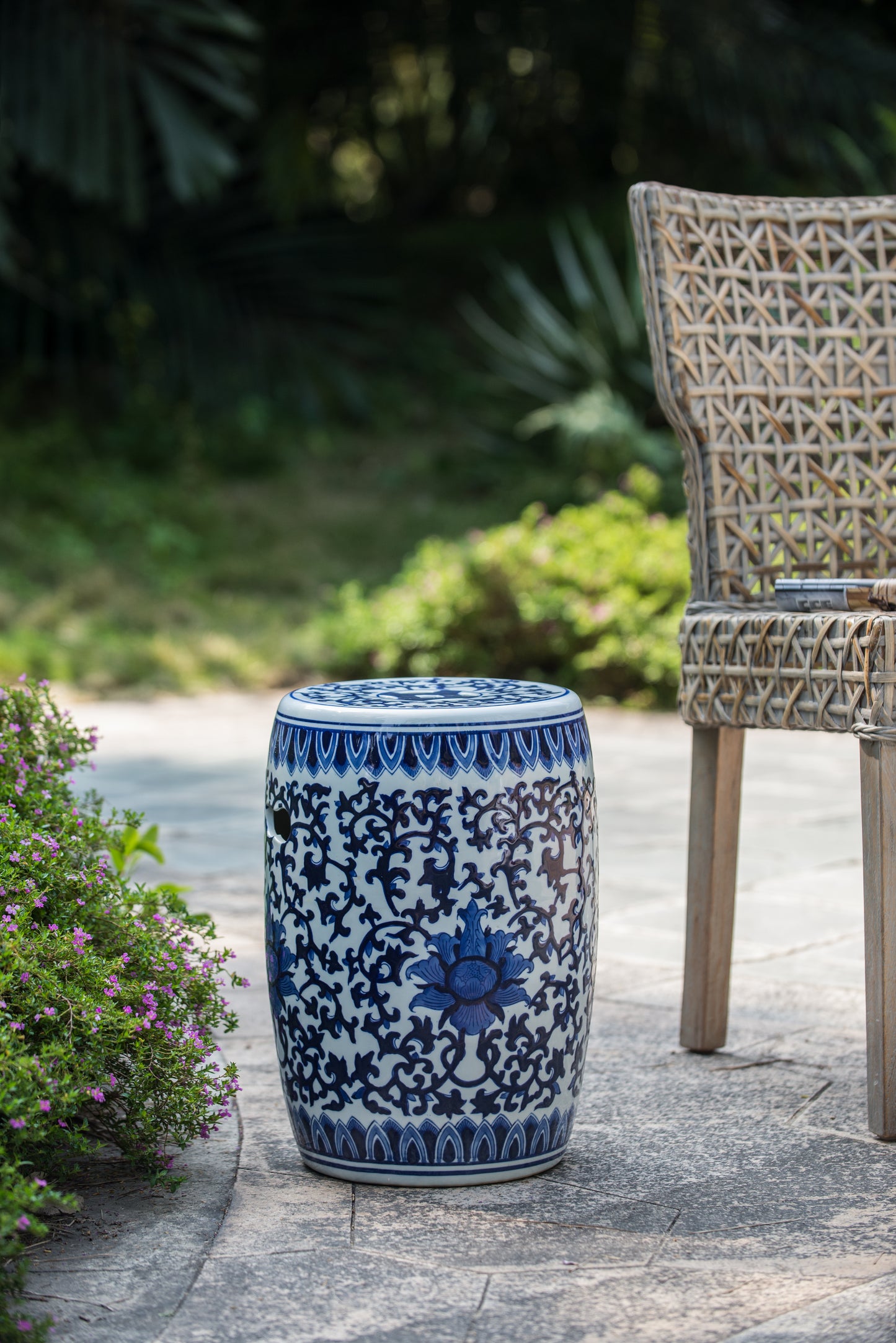 Blue and white ceramic garden stool with floral pattern