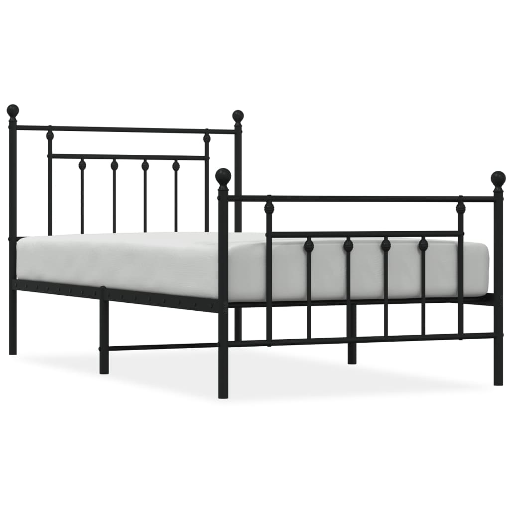 Line drawing of a white metal single bed frame with decorative finials and slatted base showing dimensions