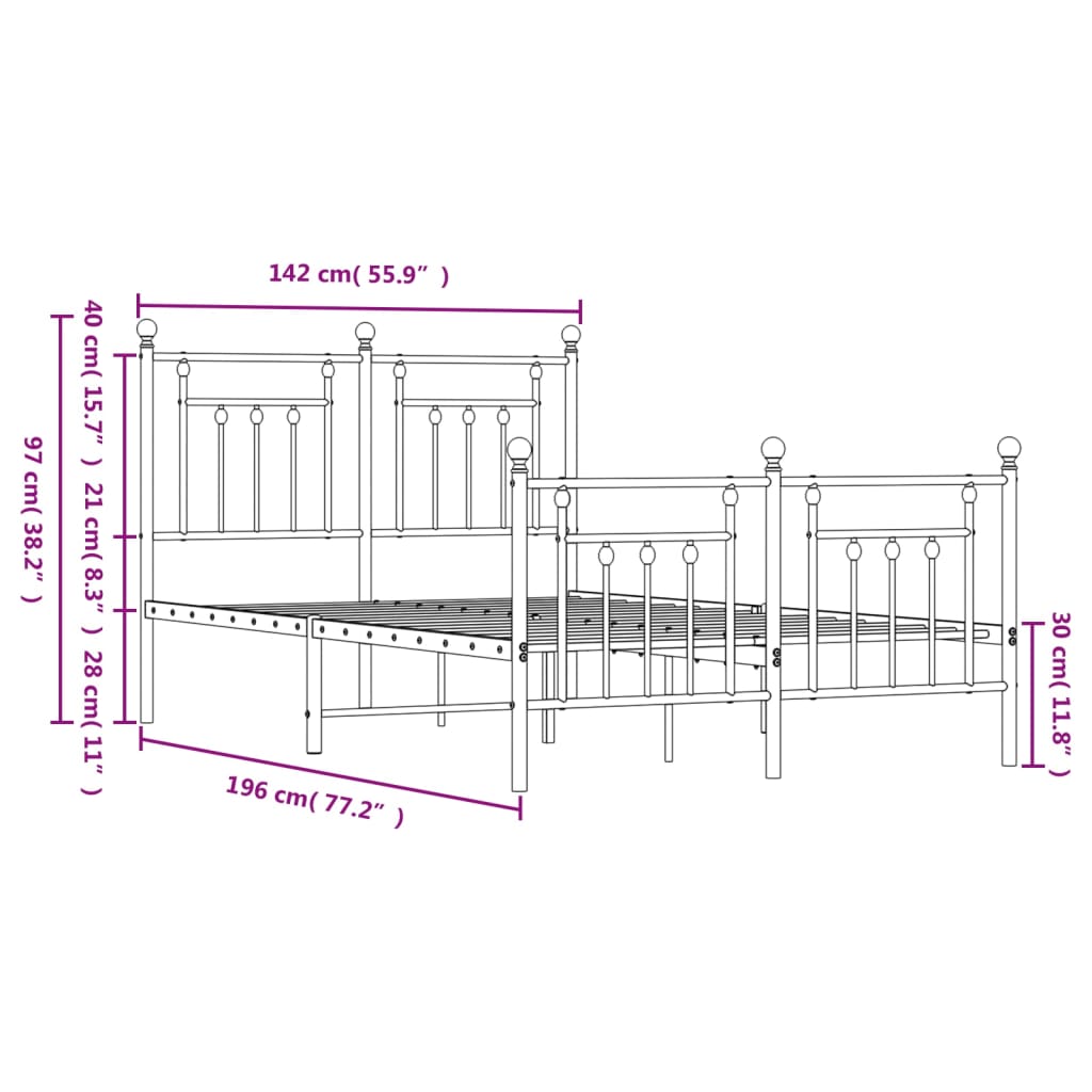 Closeup of a black metal bed frame with decorative finials