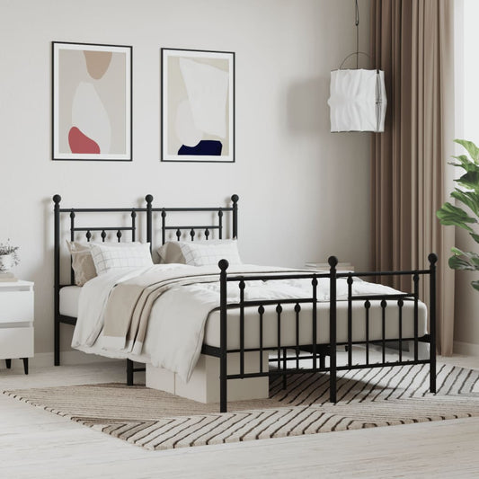 Dark gray metal queen bed frame with ornate headboard and footboard