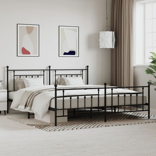 Black metal queen bed frame with decorative finials on the headboard and footboard