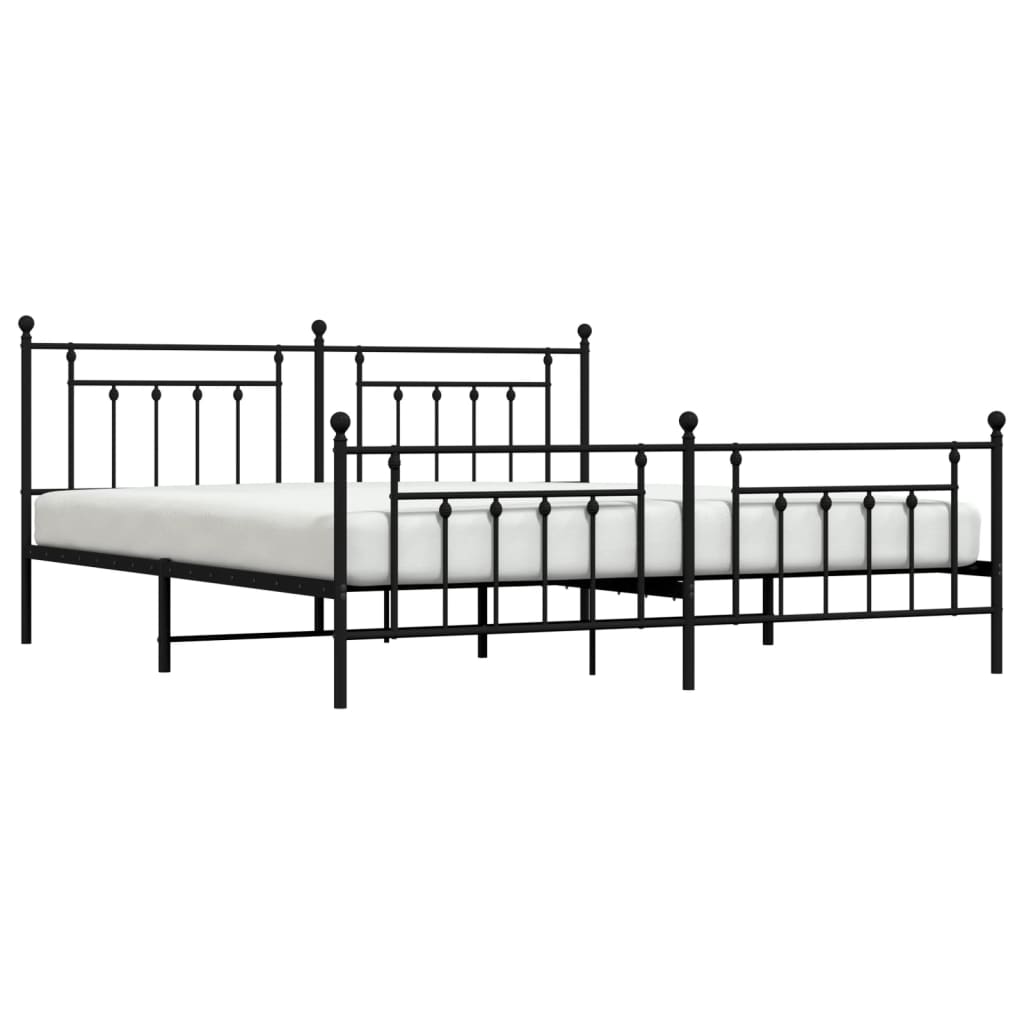 Black metal ornate queen bed frame with headboard and footboard