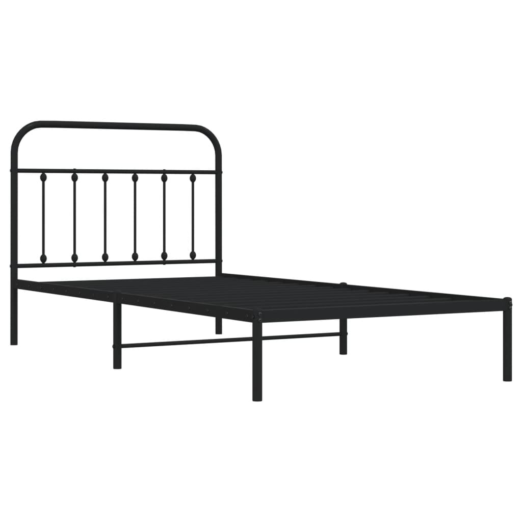 Black metal twin bed frame with a simple headboard and white mattress