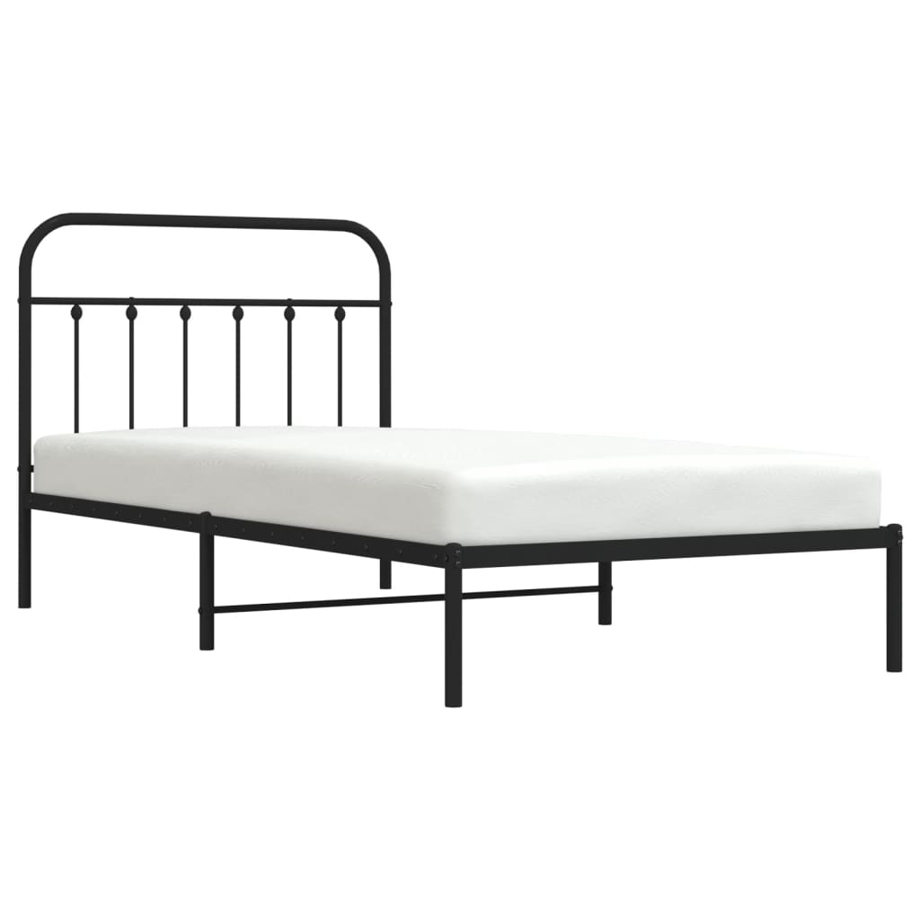 Black metal twin bed frame with arched headboard and vertical slats