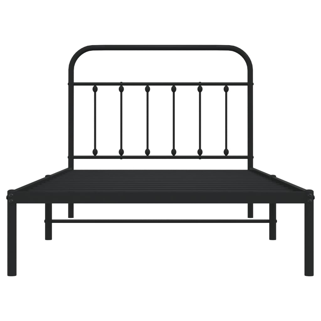 Black metal twin bed frame with a simple modern design and a white mattress
