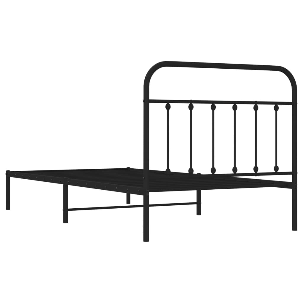 Black metal bed frame with a slatted base