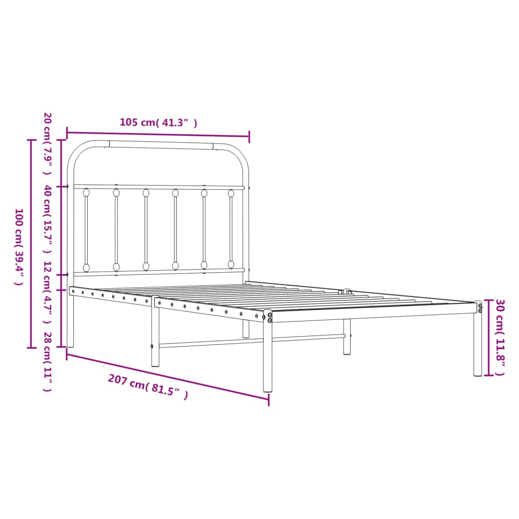 Black metal platform bed frame with a rounded headboard and vertical slats