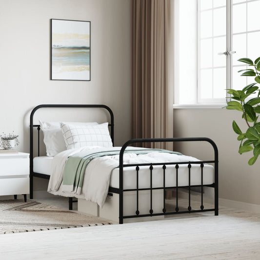Black metal twin bed frame with curved headboard and footboard