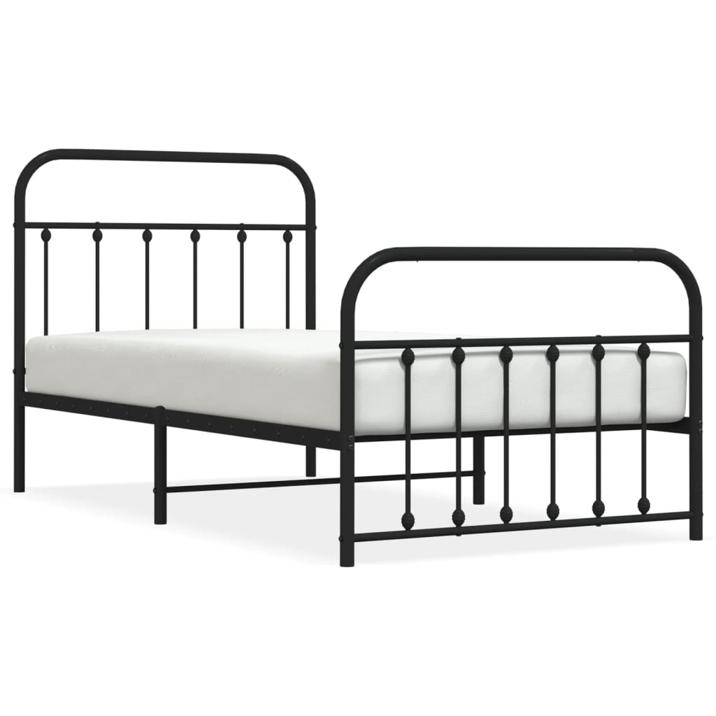 Black metal twin bed frame with detailed scrollwork on headboard and footboard  cm length