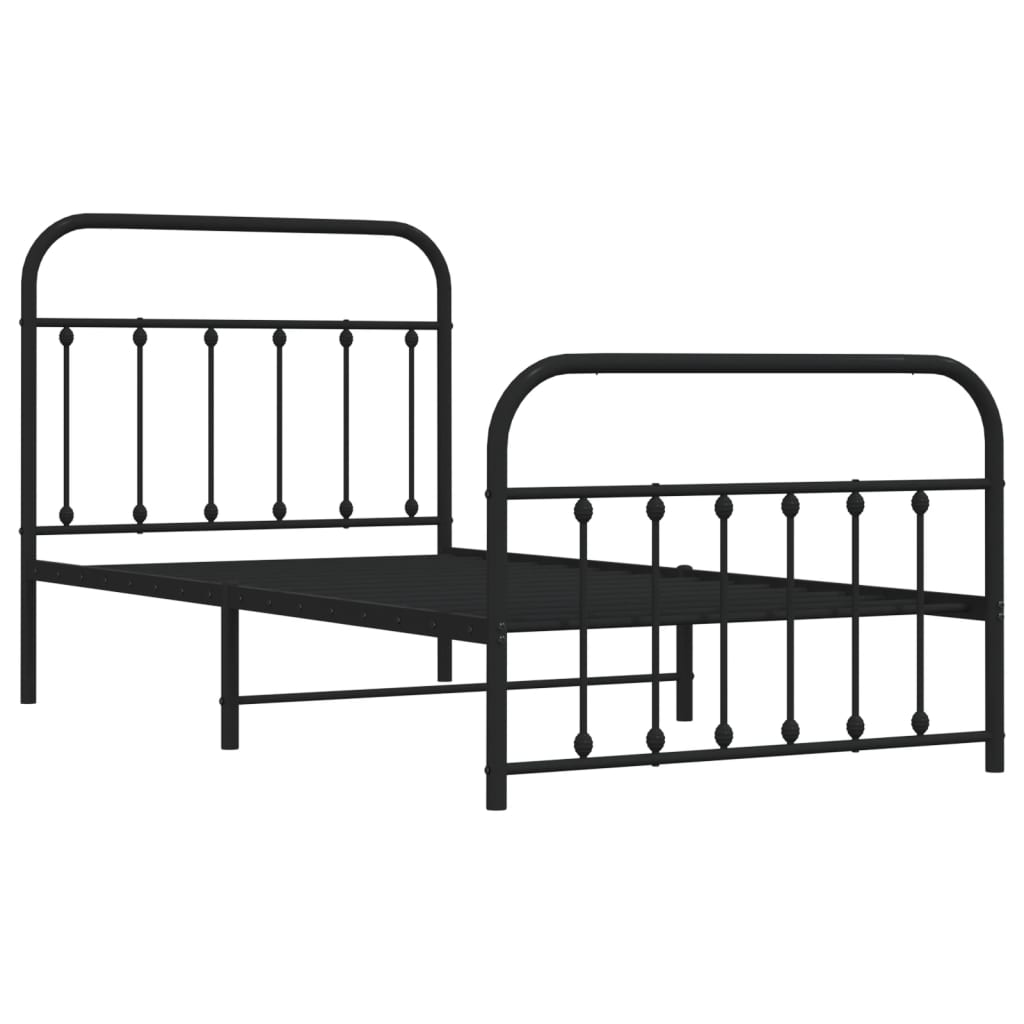 Black metal twin bed frame with rounded headboard and footboard