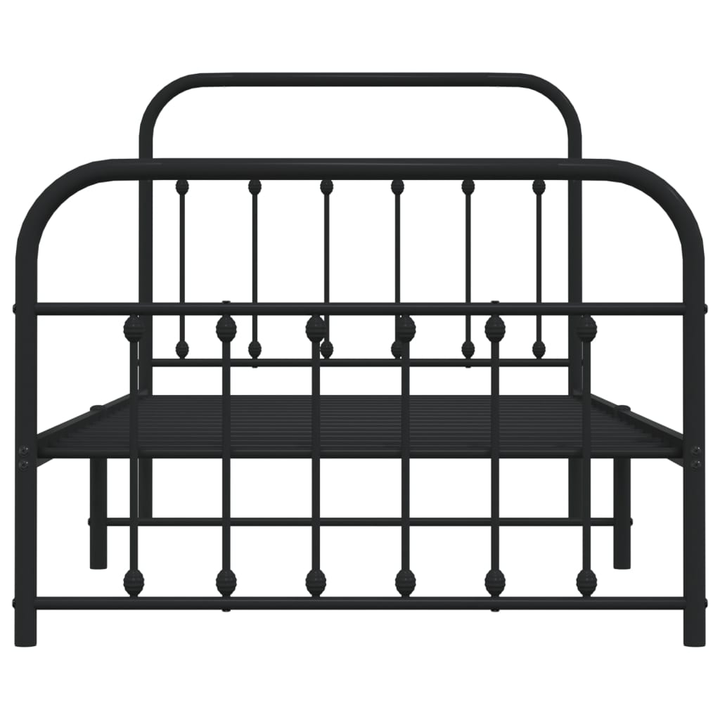 Black metal twin bed frame with rounded headboard and footboard