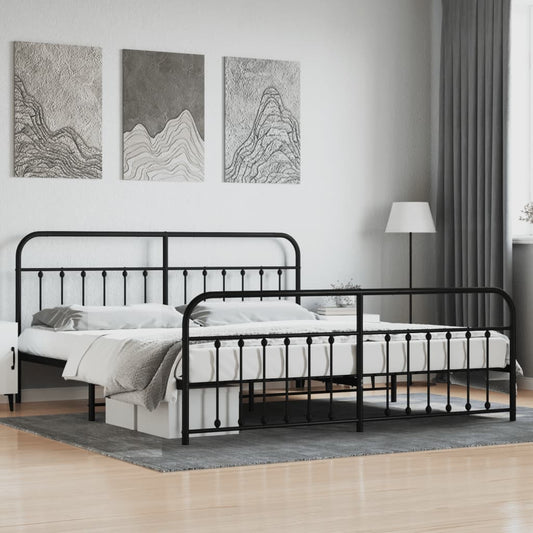 Black metal bed frame with a minimalist design featuring a curved headboard and footboard
