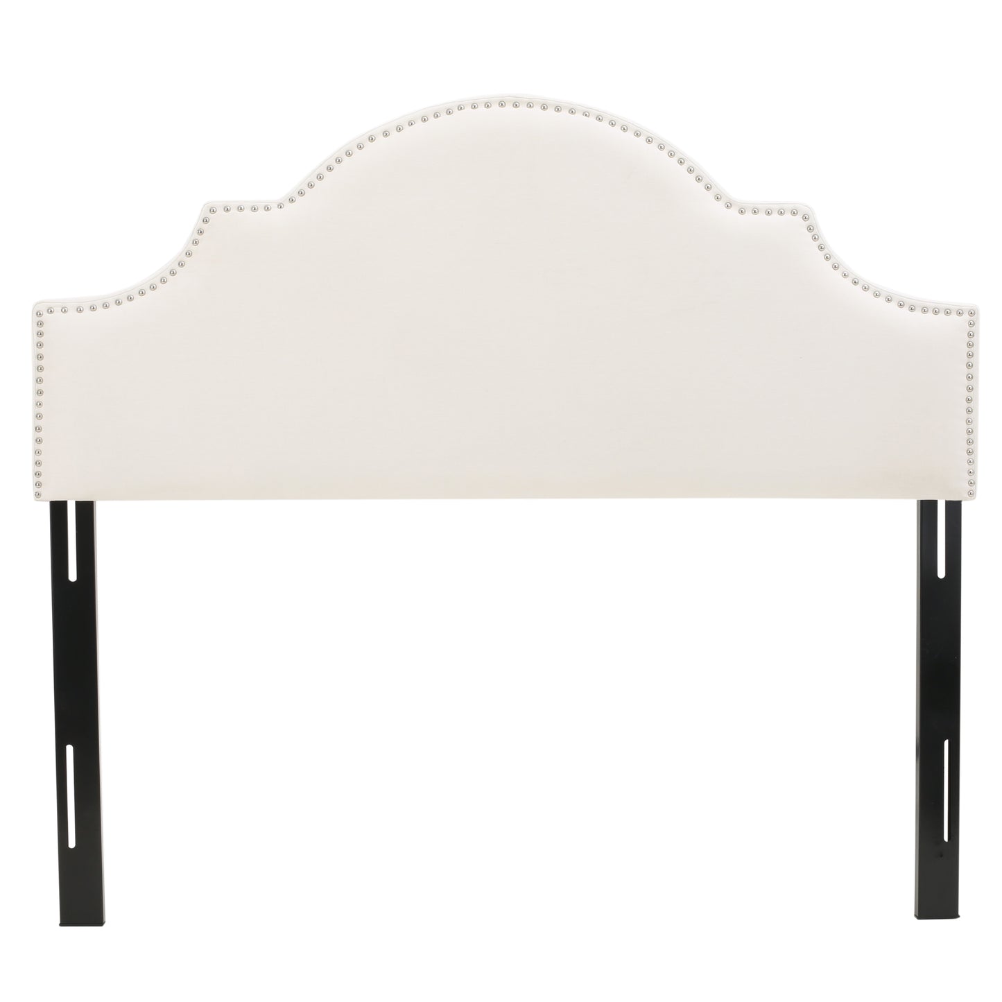 Cream fabric arched headboard with silver nailhead trim and black metal legs
