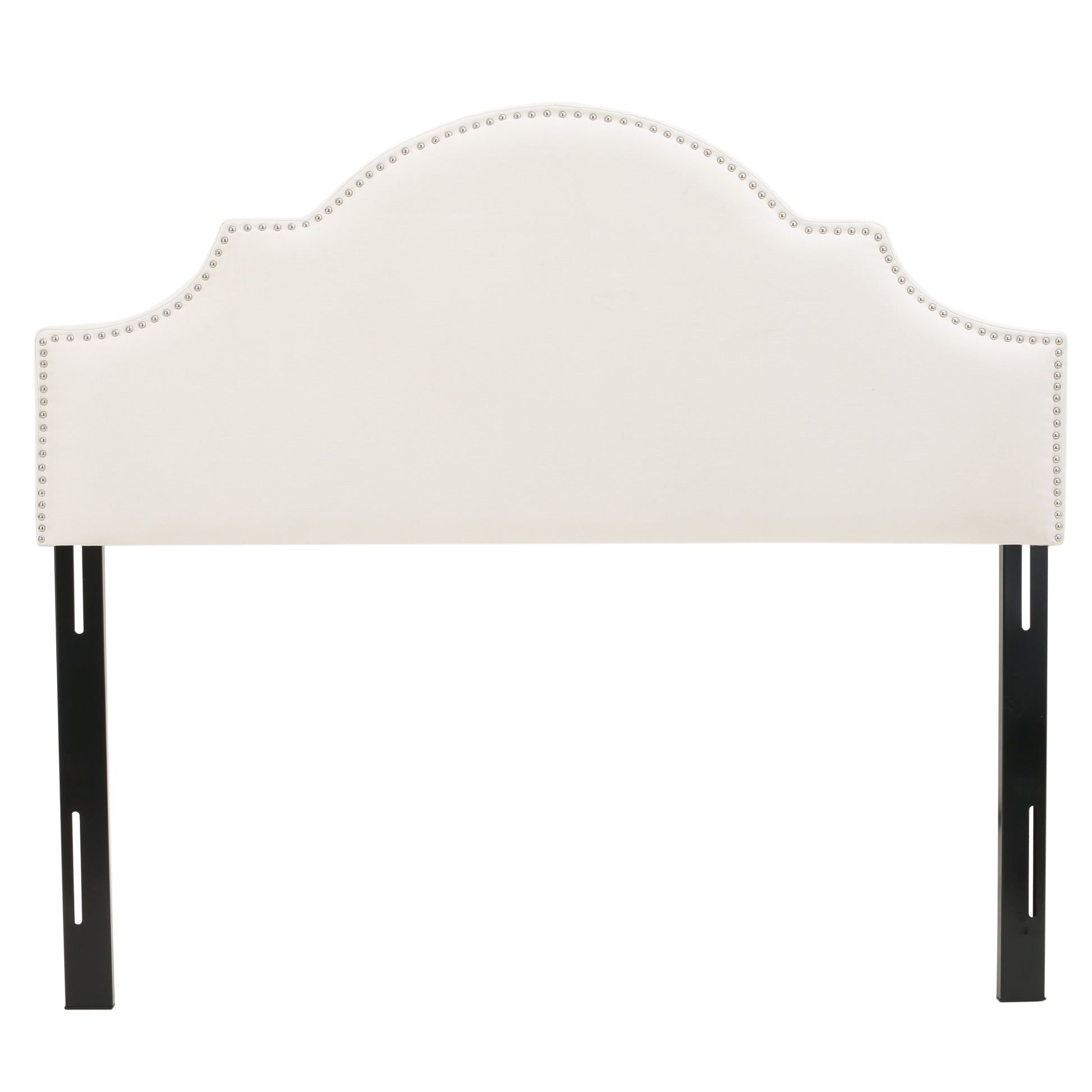 Cream fabric arched headboard with silver nailhead trim and black metal legs