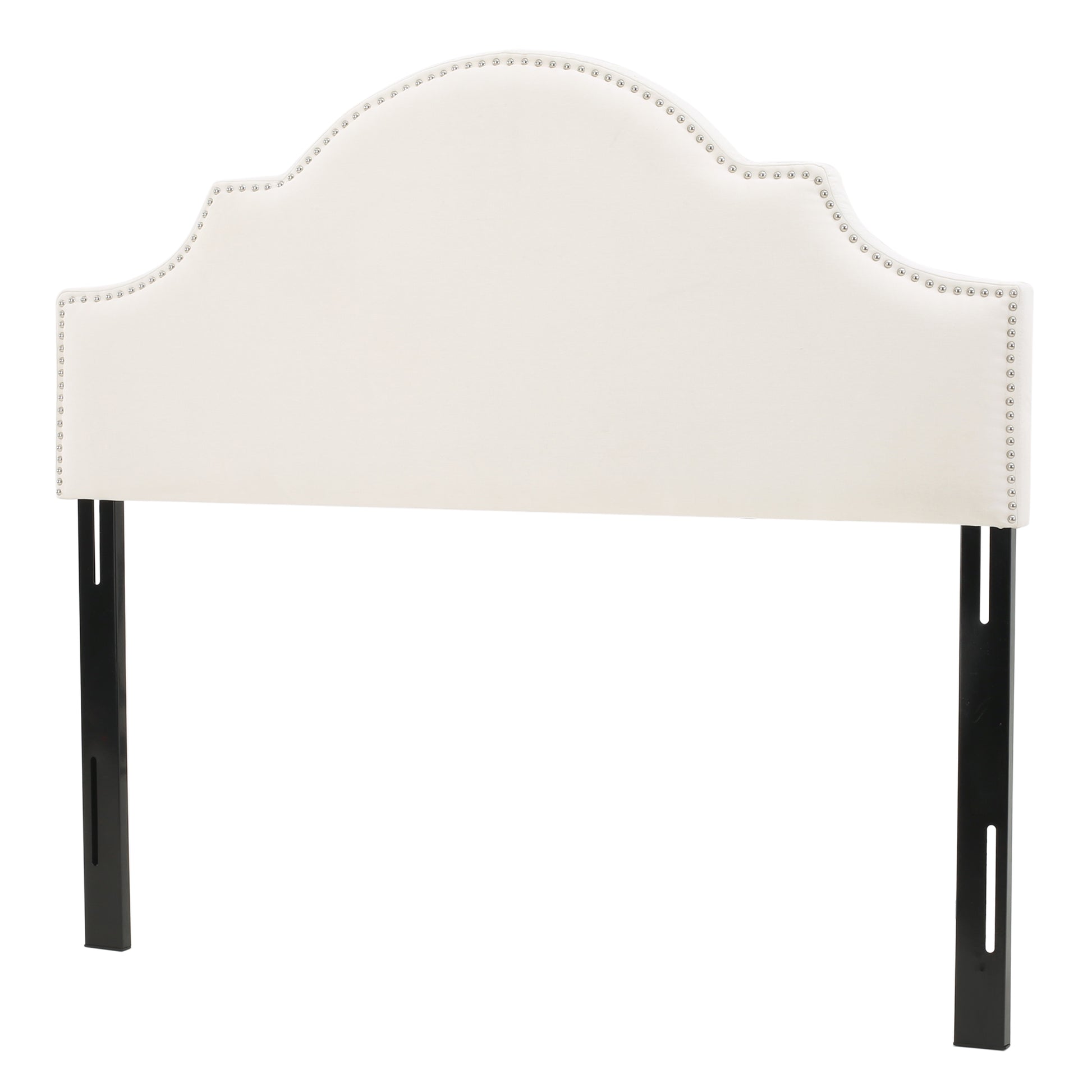 Upholstered ivory headboard with silver nailhead trim and black metal legs