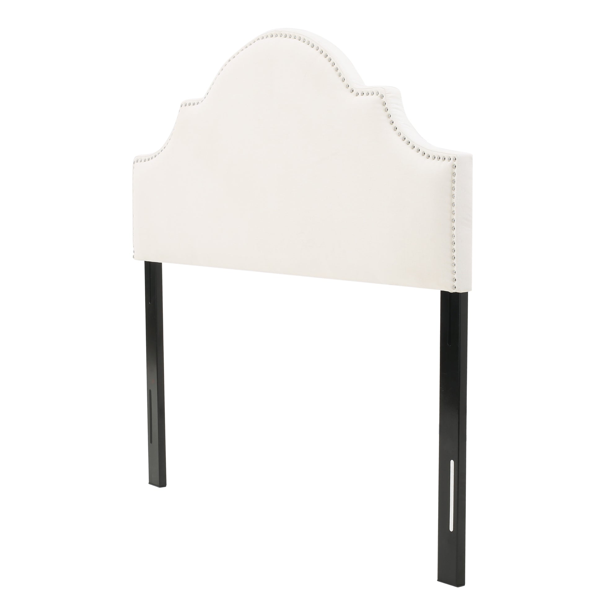 White upholstered headboard with nailhead trim and black legs