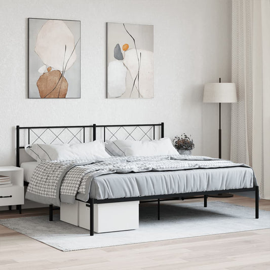 Black metal bed frame with diamondpatterned headboard