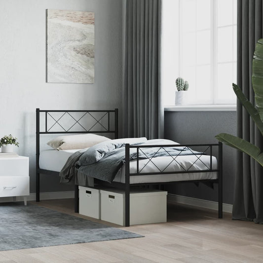Black metal twin bed frame with geometric headboard and underbed storage drawers