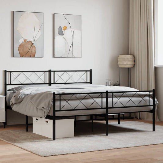 Black metal bed frame with diamond pattern headboard and footboard