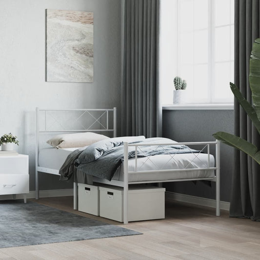 White metal twin bed frame with diamond pattern headboard and footboard