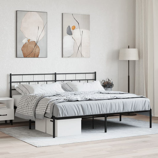 Modern black metal bed frame with a minimalist headboard and platform design