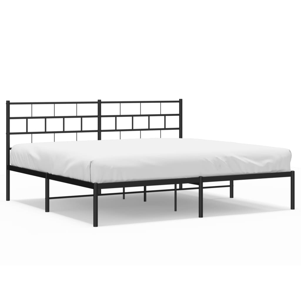 Metal platform bed frame with a slatted headboard and support legs dimensions indicated