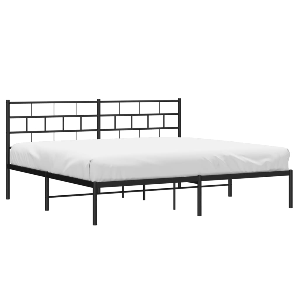 Black metal bed frame with minimalist headboard and white mattress