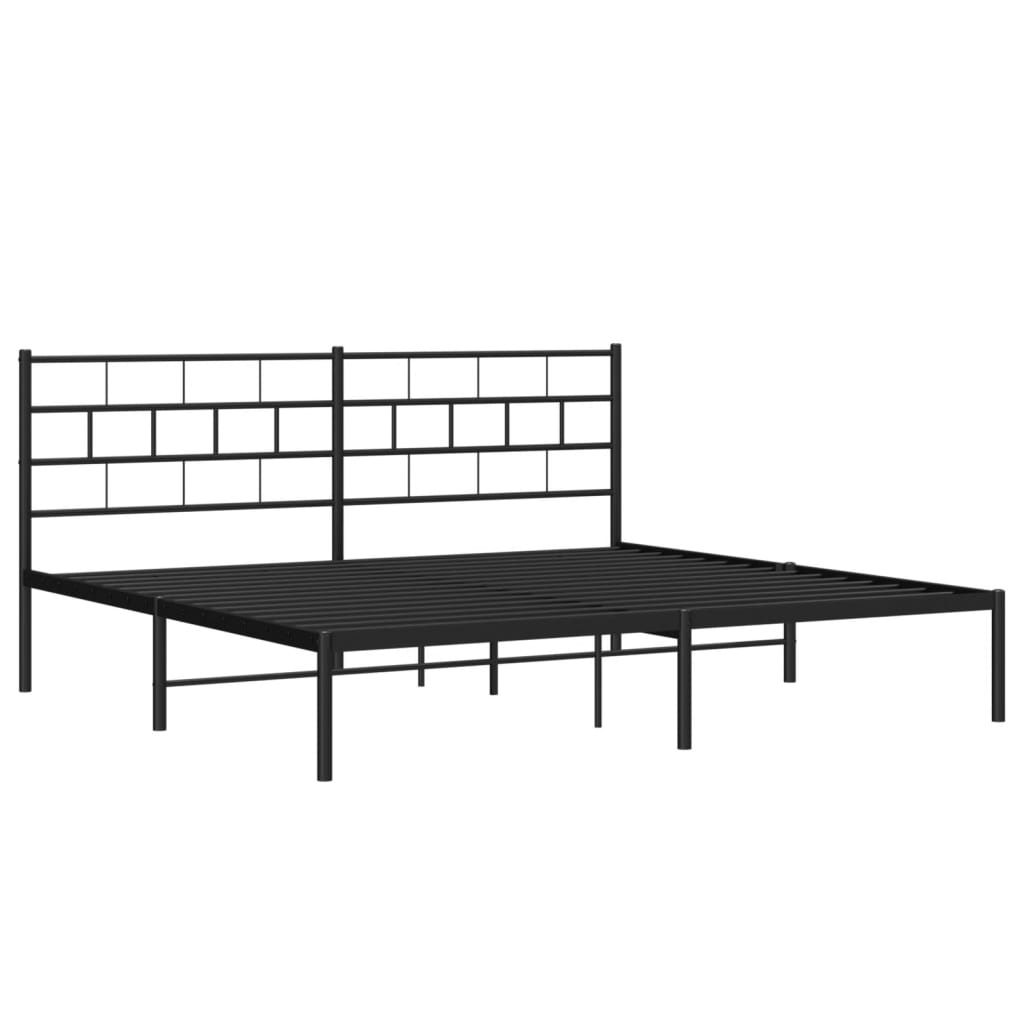 Black metal platform bed frame with a geometric headboard and white mattress