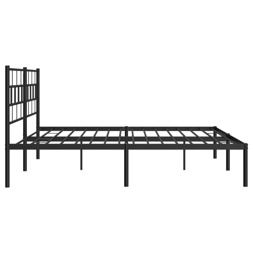 Black metal platform bed frame with a geometric headboard