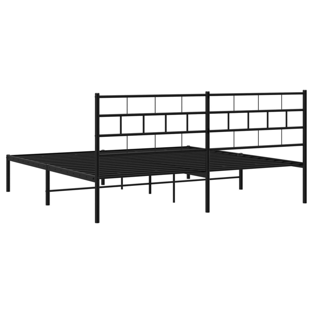 Black metal platform bed frame with a modern geometric headboard