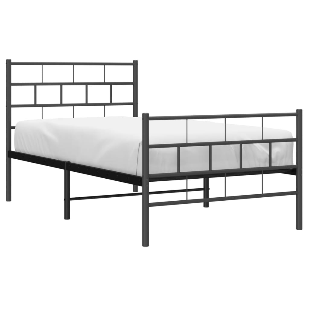 Dark gray metal bed frame with a minimalist grid headboard and footboard