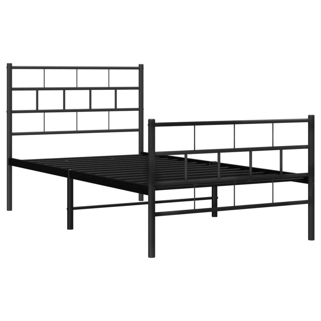 Dark grey metal bed frame with a minimalist grid headboard and footboard