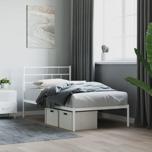 White metal twin bed frame with a slatted headboard and footboard