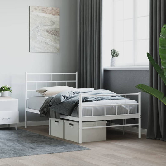 Modern white metal twin bed frame with slatted headboard and footboard