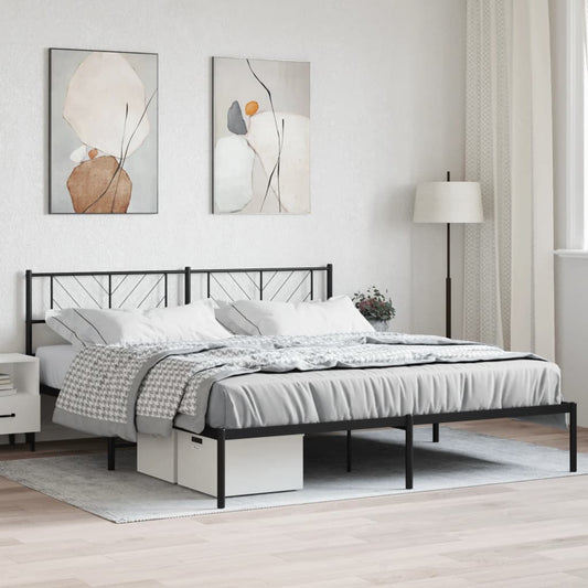 Black metal queen bed frame with geometric headboard and diamond pattern bedding