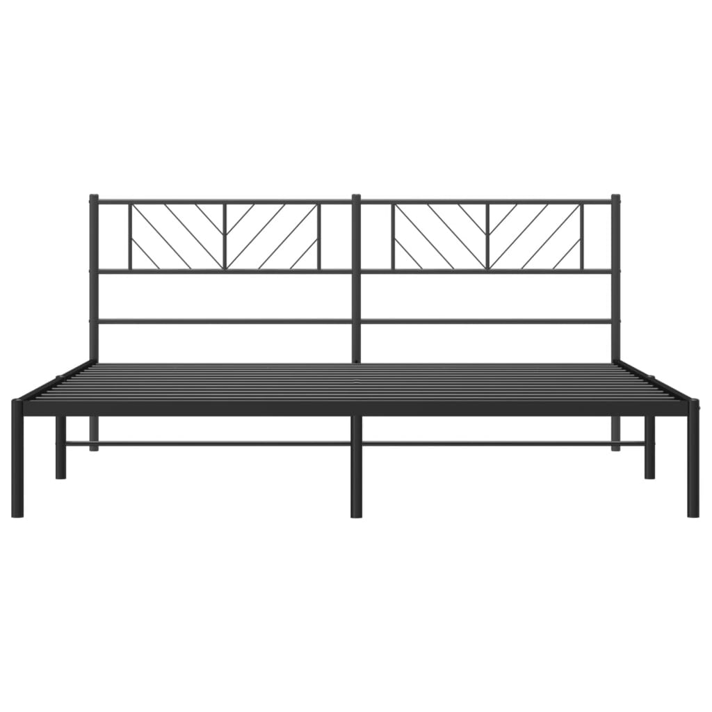 Black metal queen bed frame with geometric headboard and white mattress